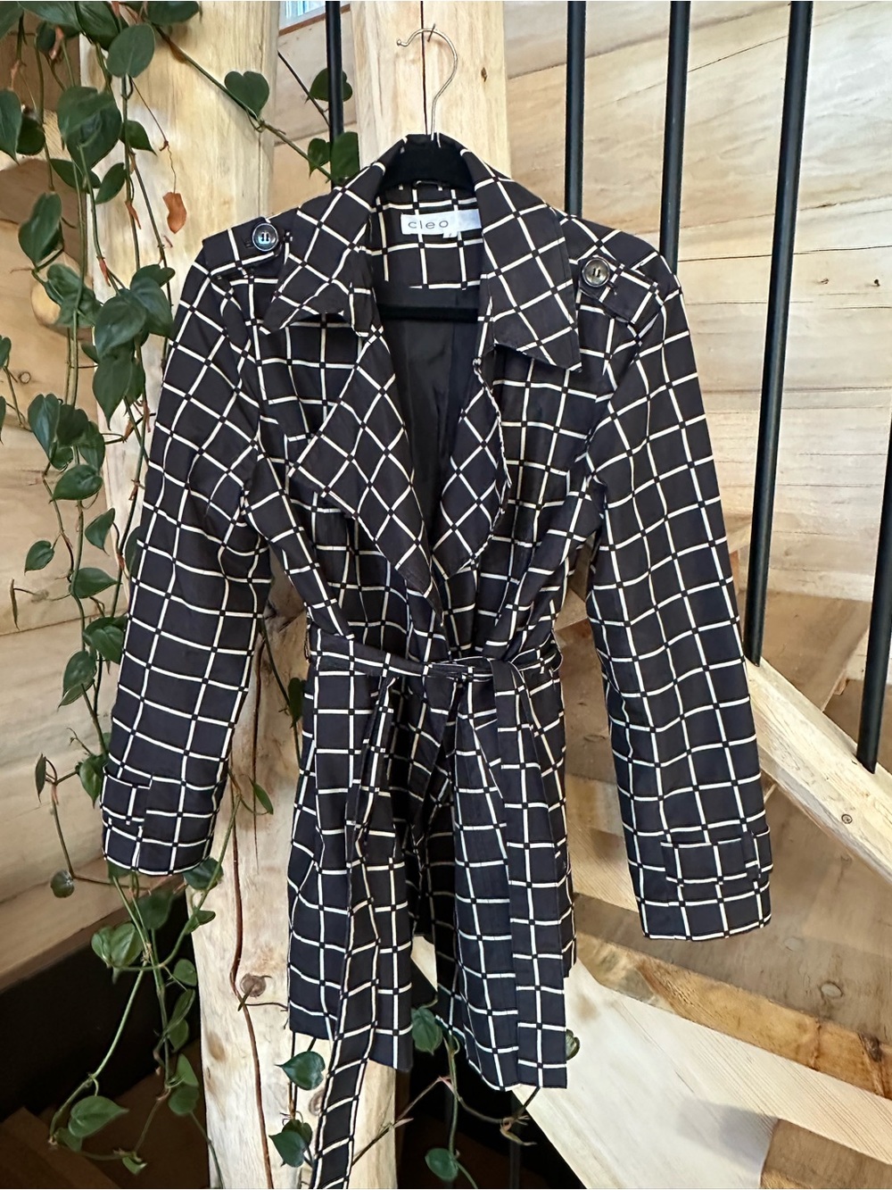 cleo Black & White Windowpane Belted Trench